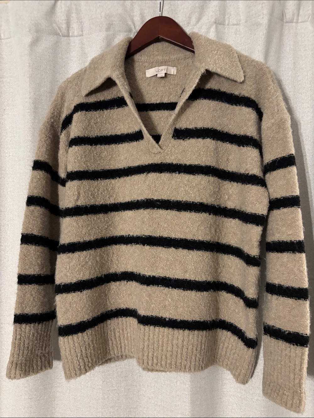 LOFT Beige and Black Striped Collared V-Neck Sweater